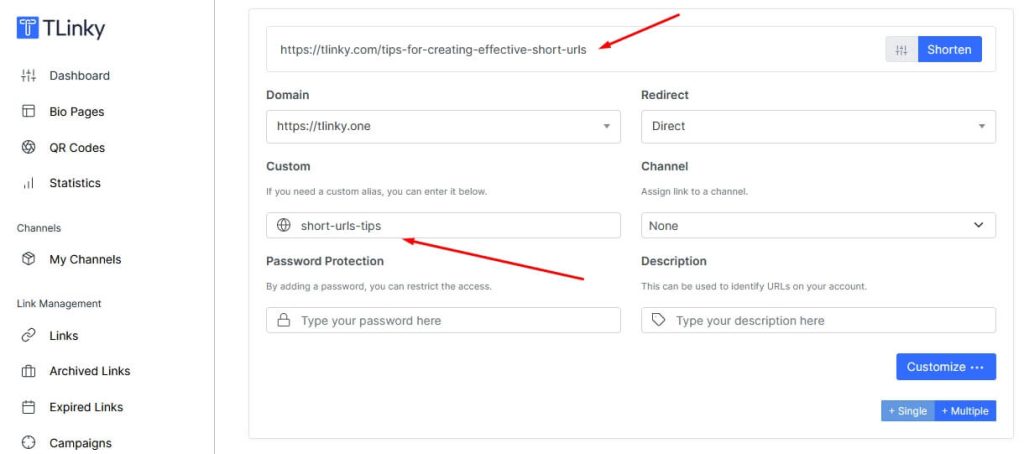 Short URLs example