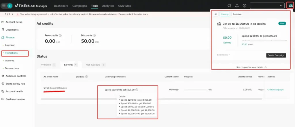 Free TikTok ad cashback credit in TikTok Ads Manager