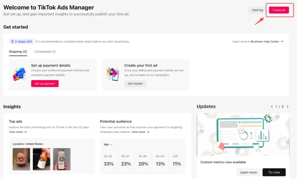 TikTok Ads Manager Welcome Screen