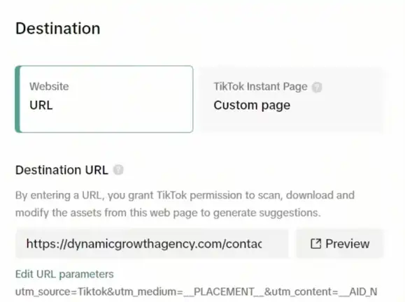 Add your destination URL
