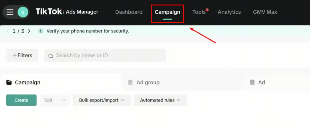 TikTok ads manager campaign setup interface