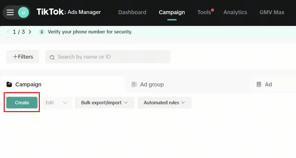 TikTok ads manager campaign creation interface