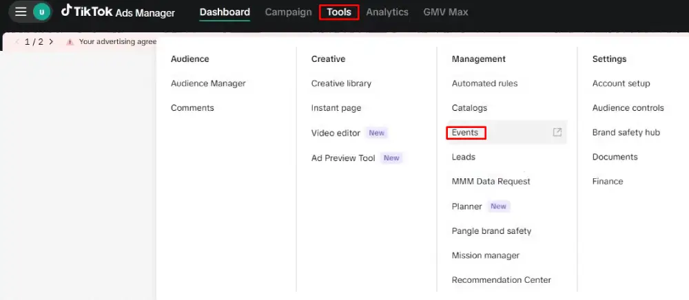Go to Tools, then Events