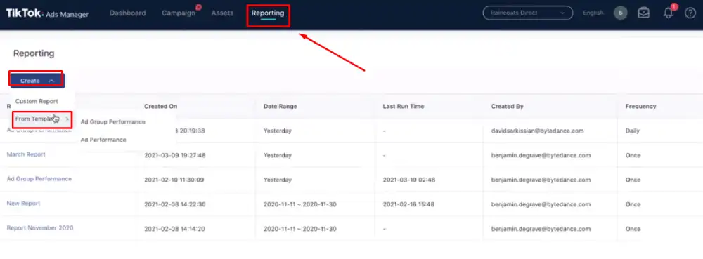 TikTok Ads Manager Reporting Interface