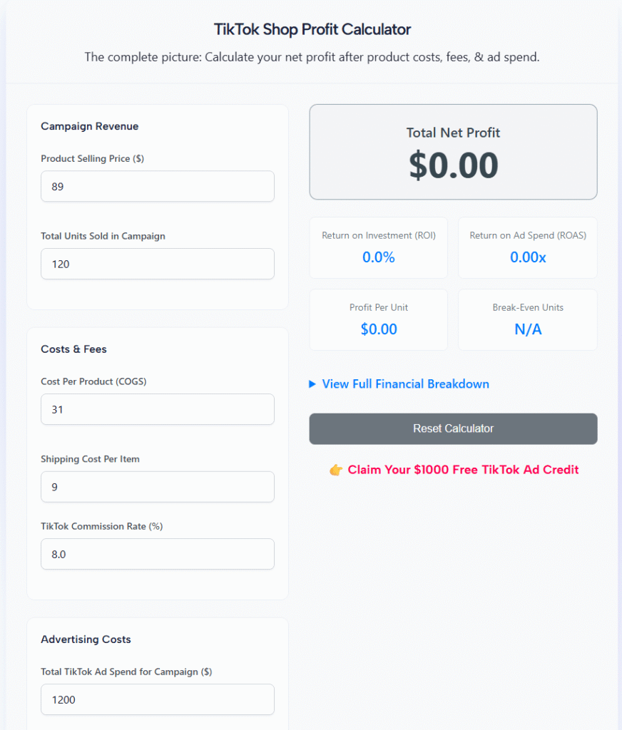 TikTok Shop Profit Calculator