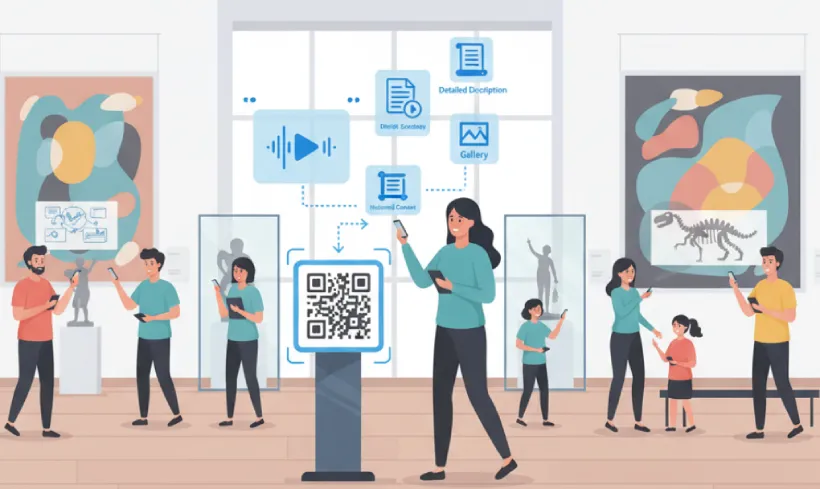 Access exhibit details and multimedia guides with QR codes.