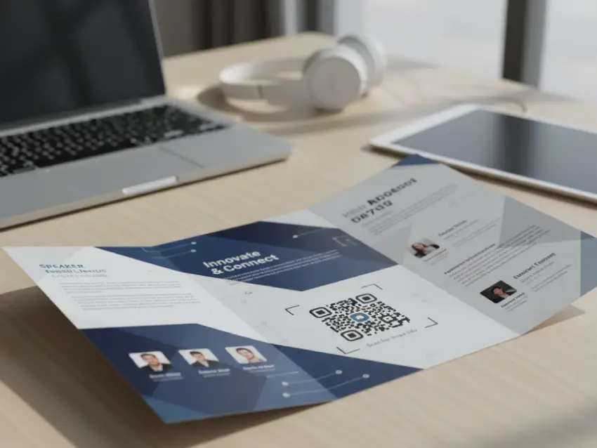 Tech event brochure featuring QR Code for details