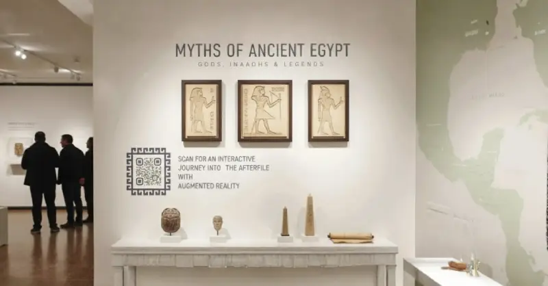 Egyptian art display featuring QR Code for exhibit details and historical information