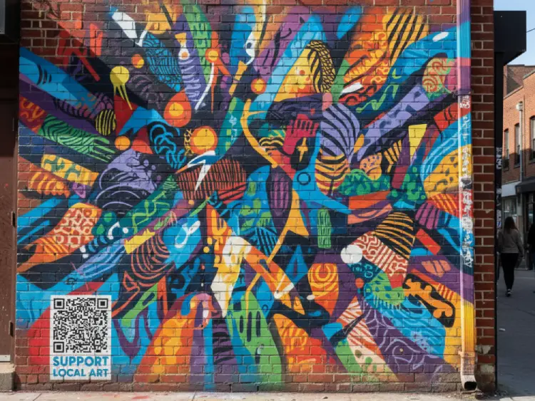 Art mural featuring QR Code for artist info or exhibit details