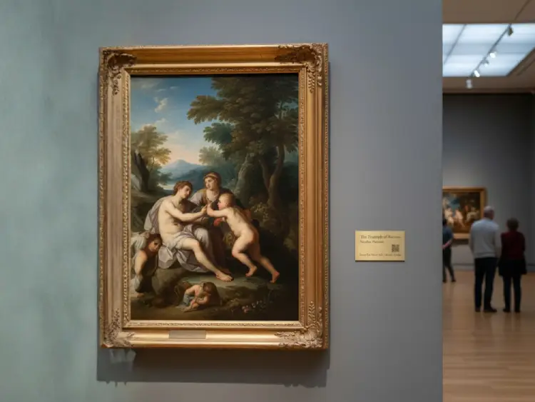 Painting with QR Code plaque for artwork details and artist information