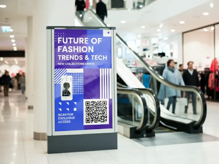 Shopping mall banner featuring QR Code for offers