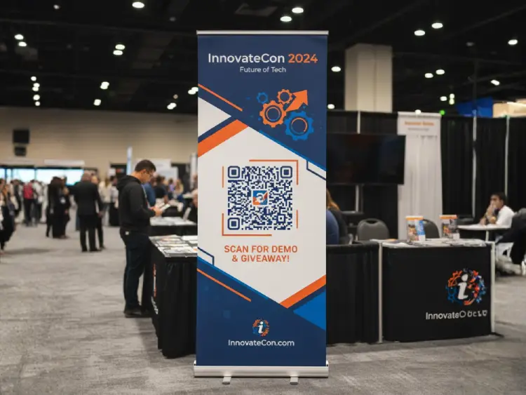 Tech event banner featuring QR Code for registration