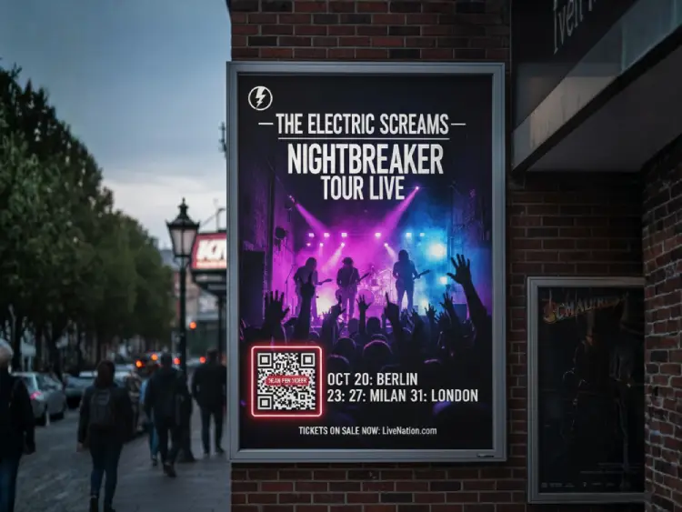 Concert tour billboard with QR Code for ticket booking
