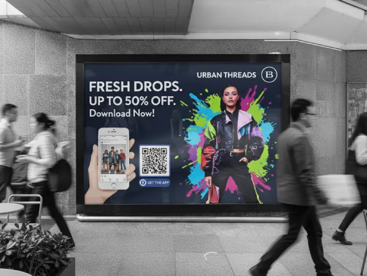Fashion app billboard featuring QR Code for quick app download
