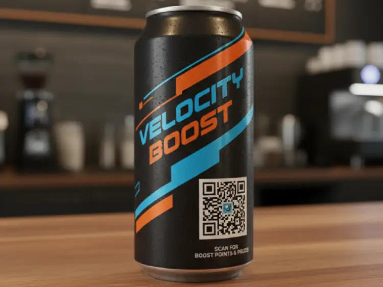 Energy drink bottle with QR Code for product info