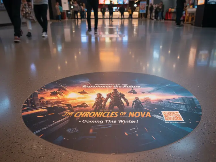 Cinema lobby floor decal with QR Code for movie offers or contests
