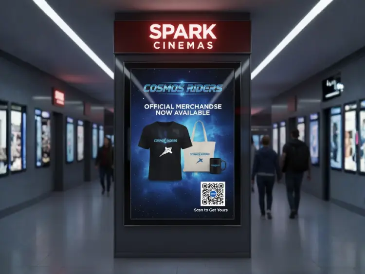 Cinema merchandise display with QR Code for movie promotions