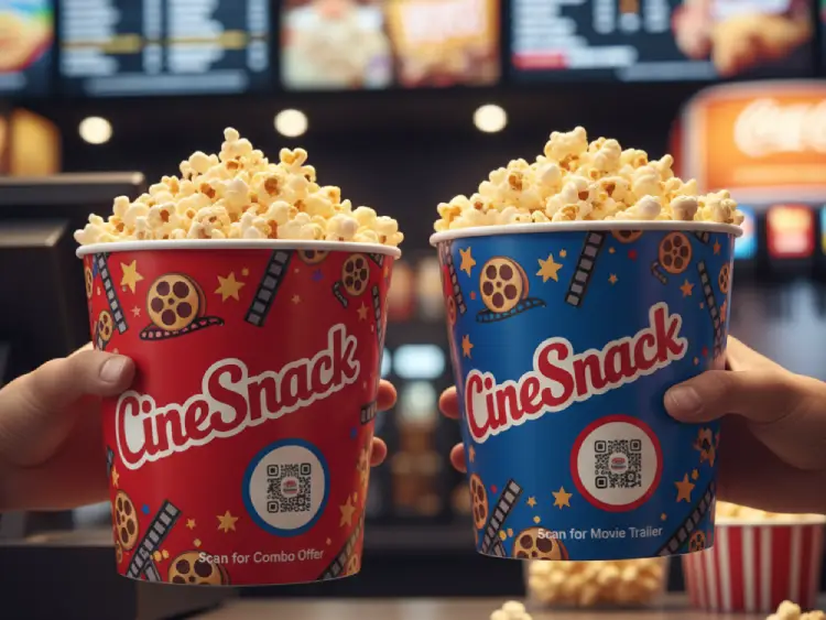 Popcorn packaging with QR Code for movie discounts or rewards