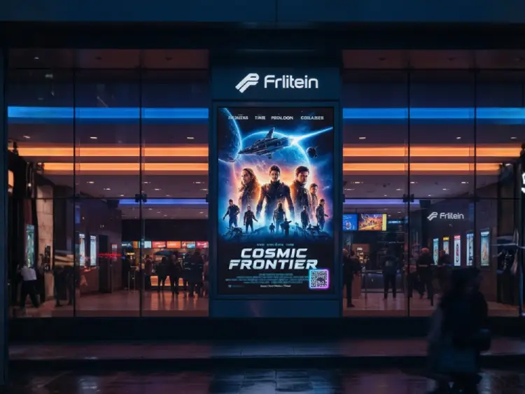 Movie poster at cinema entrance with QR Code for ticket booking