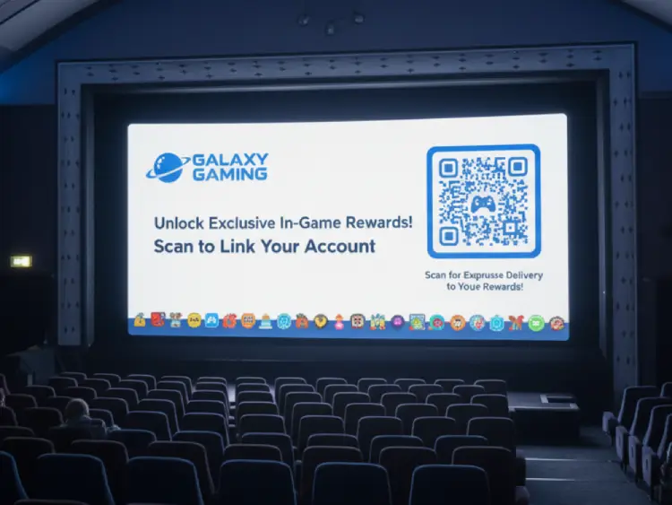 Cinema advertising display with QR Code for audience rewards and engagement