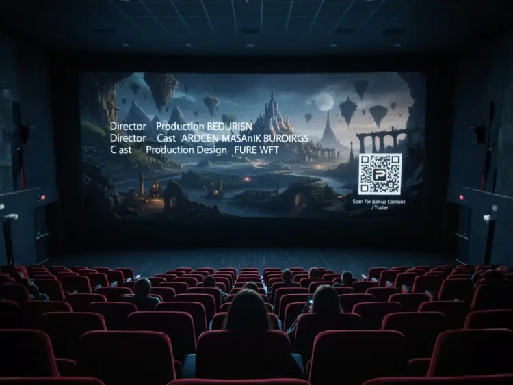 Cinema screen during movie credits showing QR Code for promotions