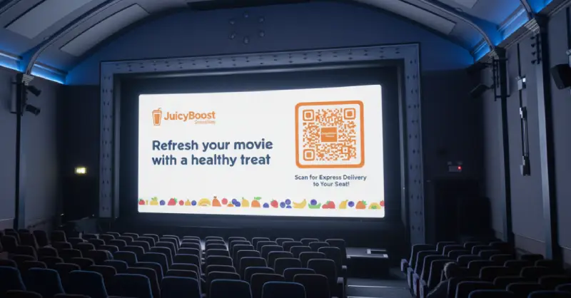 Cinema screen ad with QR Code promoting food delivery service
