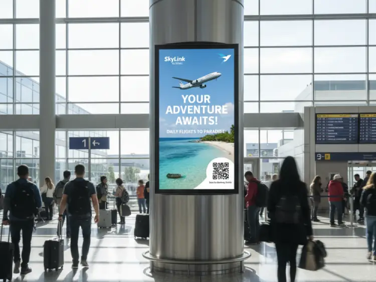 Airport digital board showing QR Code for flight or travel info