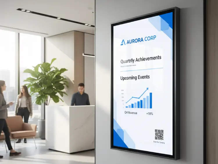 Corporate lobby display with QR Code for company updates or visitor info