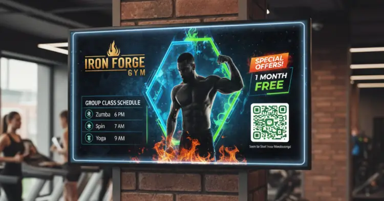 Gym fitness center digital signage featuring QR Code for class schedules