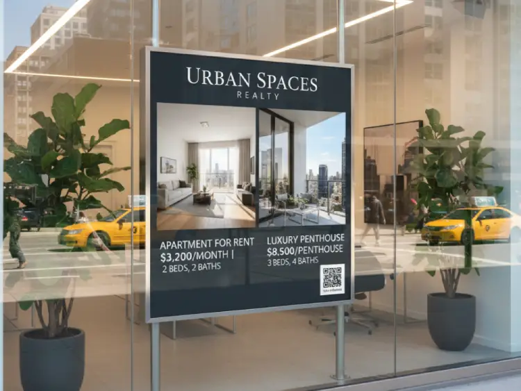 Digital signage with QR Code for real estate company promotions