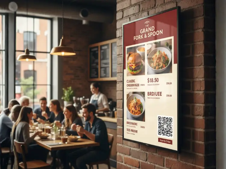 Restaurant menu displayed on digital screen with QR Code for ordering
