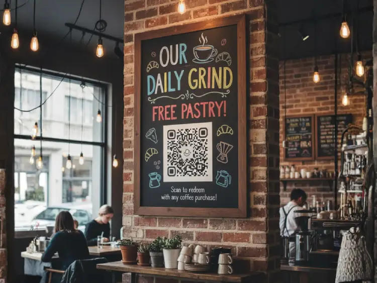 Wall display at coffee shop with QR Code for offers