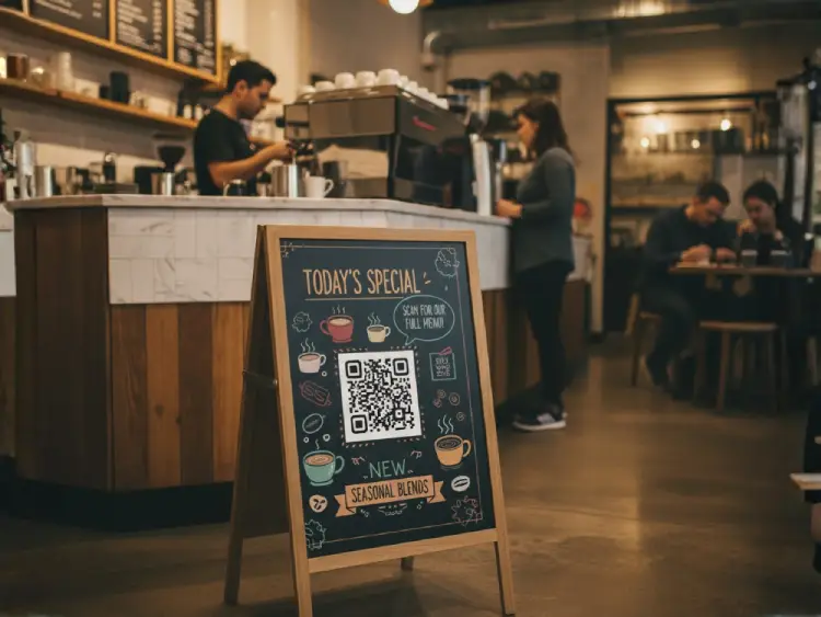 Standing indoor coffee shop display with QR Code for menu