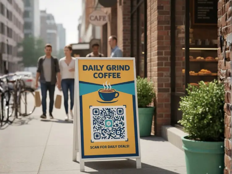 Outdoor coffee shop display with QR Code for menu access