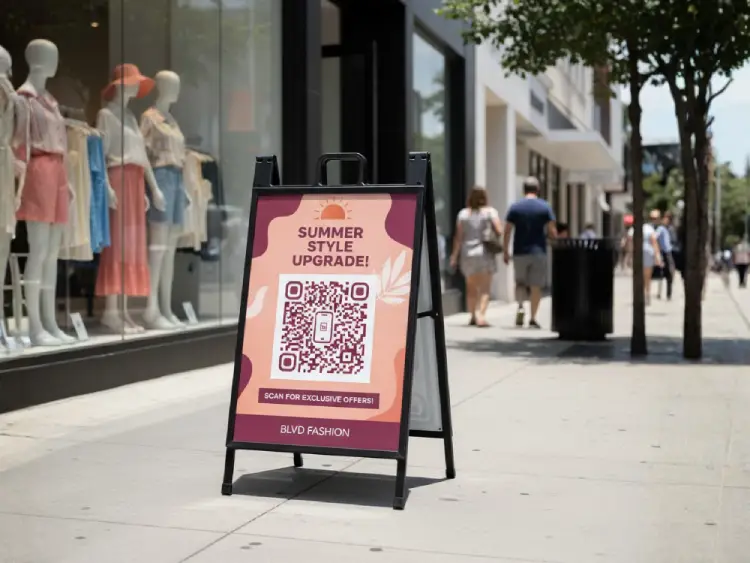 Outdoor fashion store display featuring QR Code for latest collection