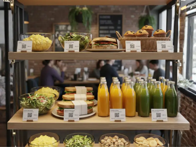 Restaurant shelf display with QR Code for food details