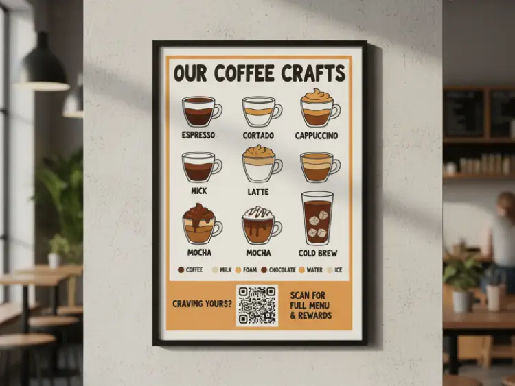 Coffee infographic featuring QR Code for describing different types of coffee