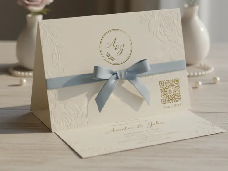 Wedding invitation card featuring QR Code for RSVP and details