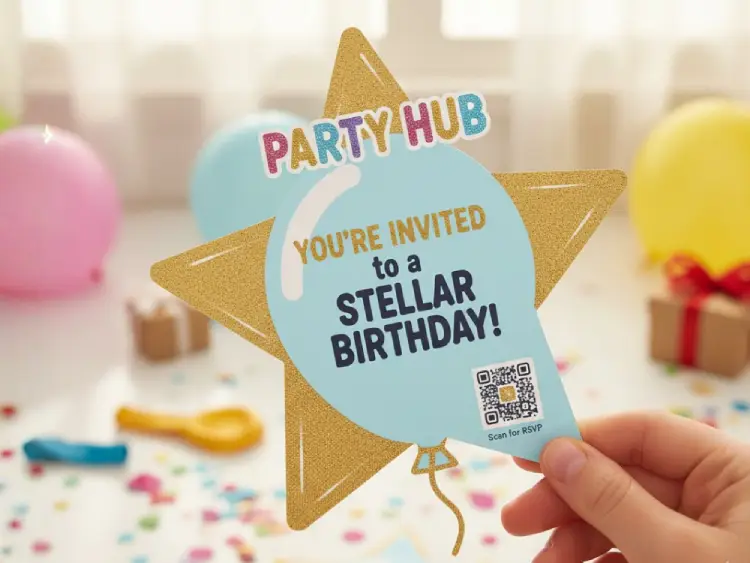 Die-cut birthday invitation with QR Code for party info