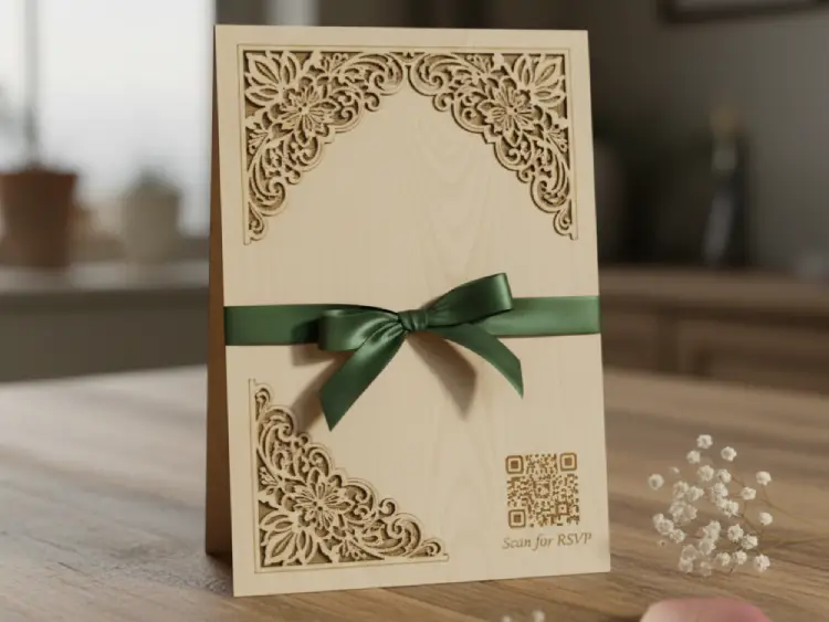 Laser-cut wooden invitation with QR Code for event details