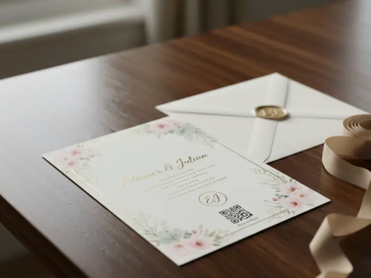 Wedding invitation card featuring QR Code for RSVP and details