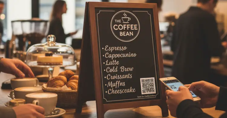 Cafe menu board featuring QR Code for easy ordering and menu access