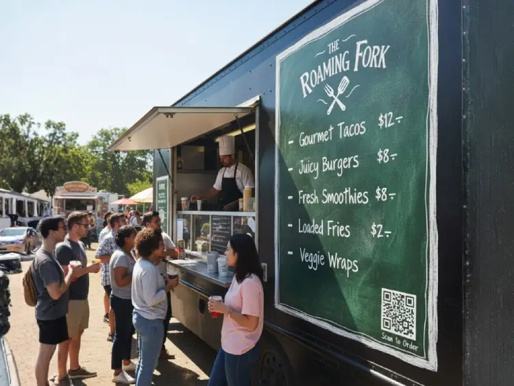 Food truck chalkboard menu featuring QR Code for online orders