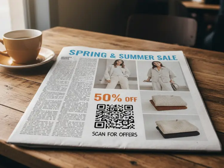 Fashion ad in newspaper featuring QR Code for collection info