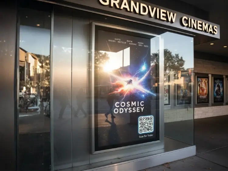 Cinema poster featuring QR Code for showtimes or tickets