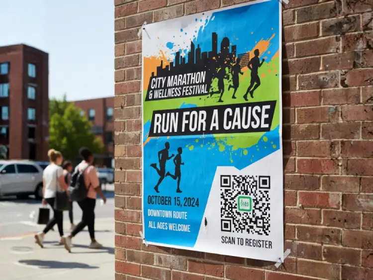 Marathon wall poster featuring QR Code for registration and donation info