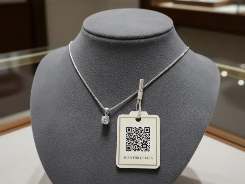 Jewellery tag featuring QR Code for authenticity