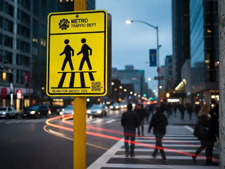 Crosswalk sign with QR Code for pedestrian safety info