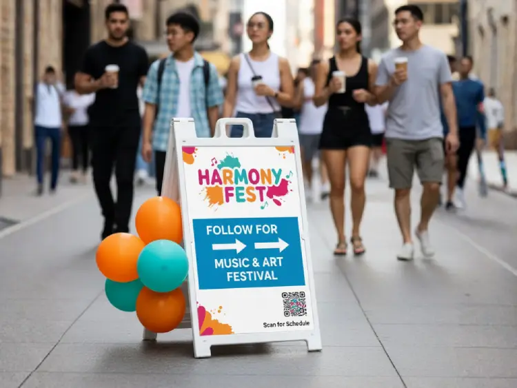 Event street sign with QR Code for schedule and ticket info