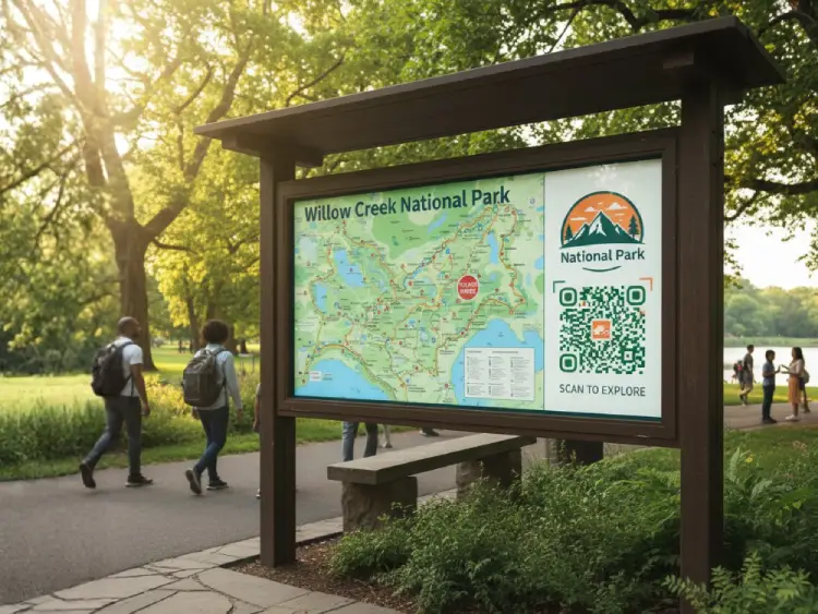 National park sign with QR Code for maps and trail details